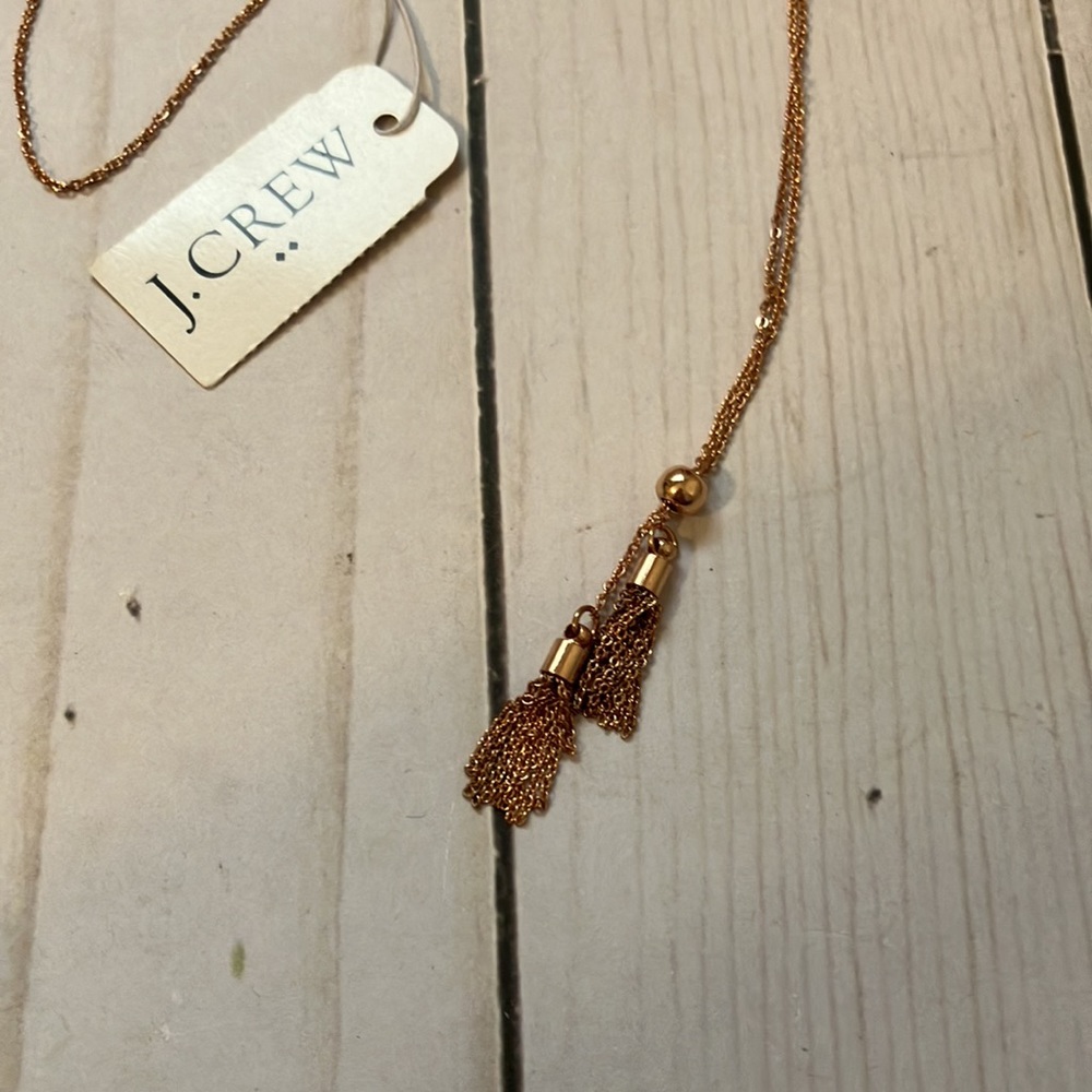 J Crew rose gold delicate double tassel pendant long chain necklace NWT - Picture 2 of 7